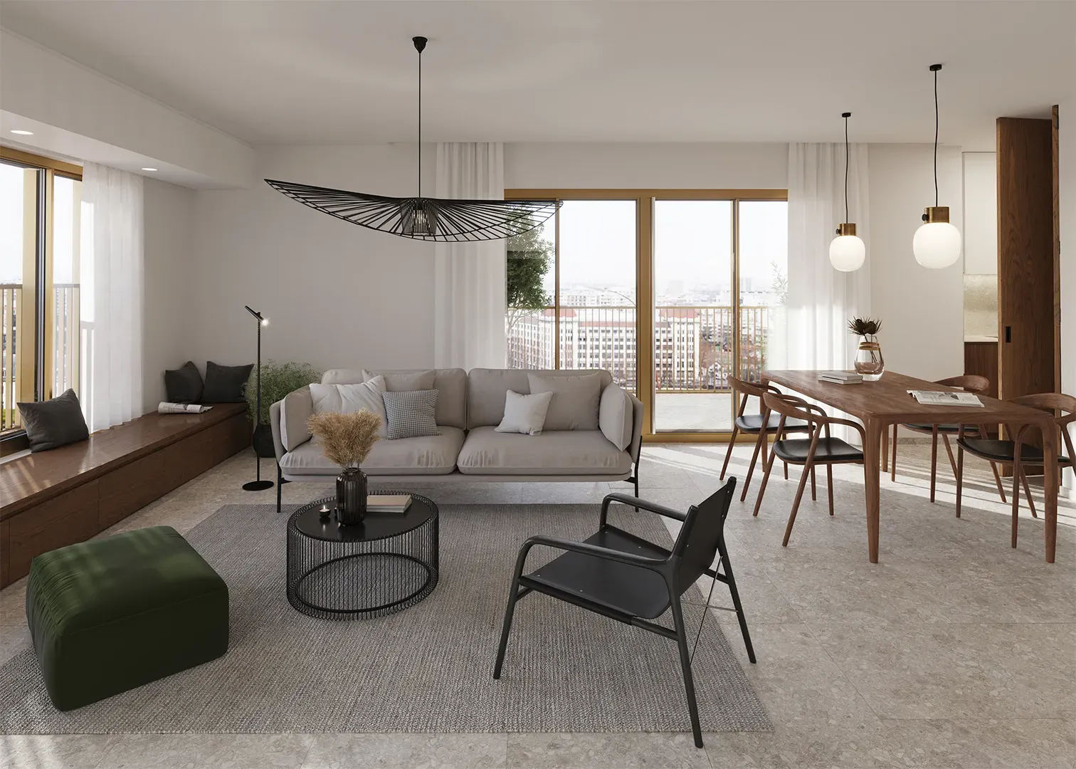 a living room filled with furniture and lots of windows