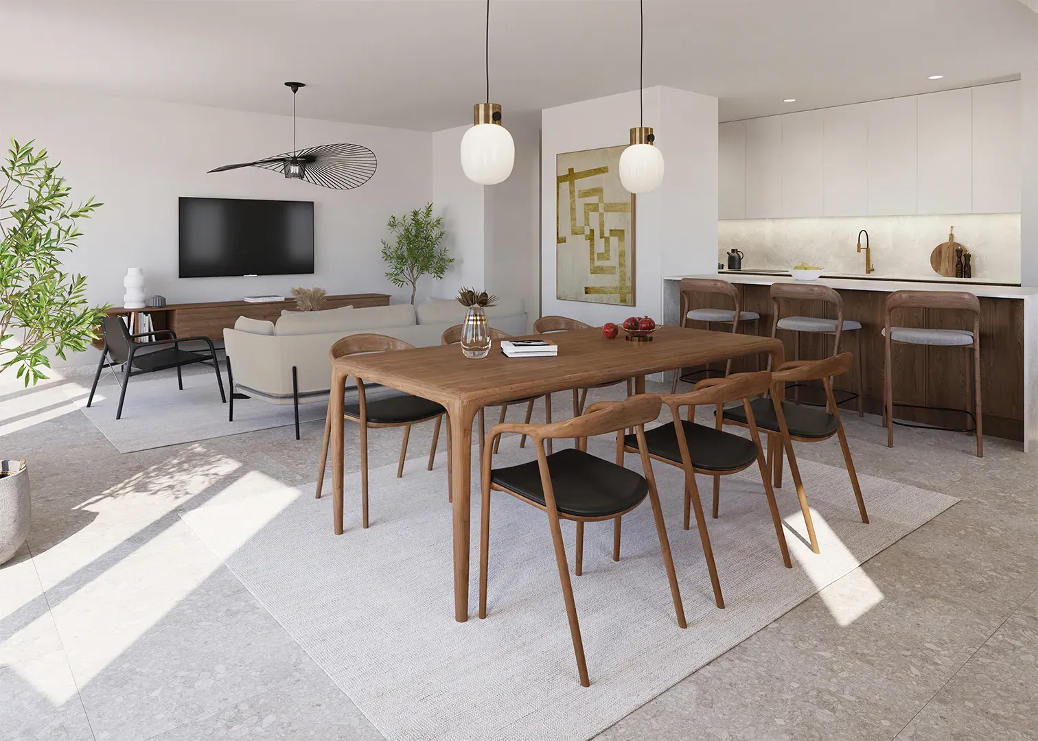 a dining room table with chairs and a television