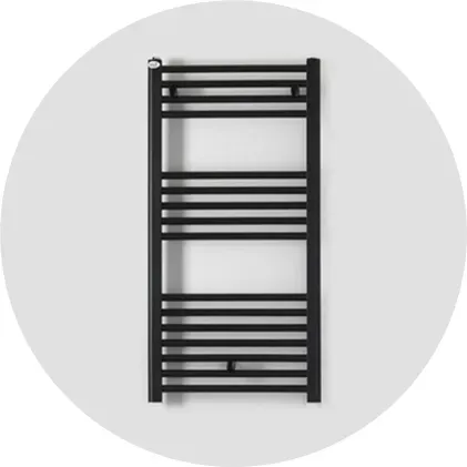 a black heated towel rack on a white background