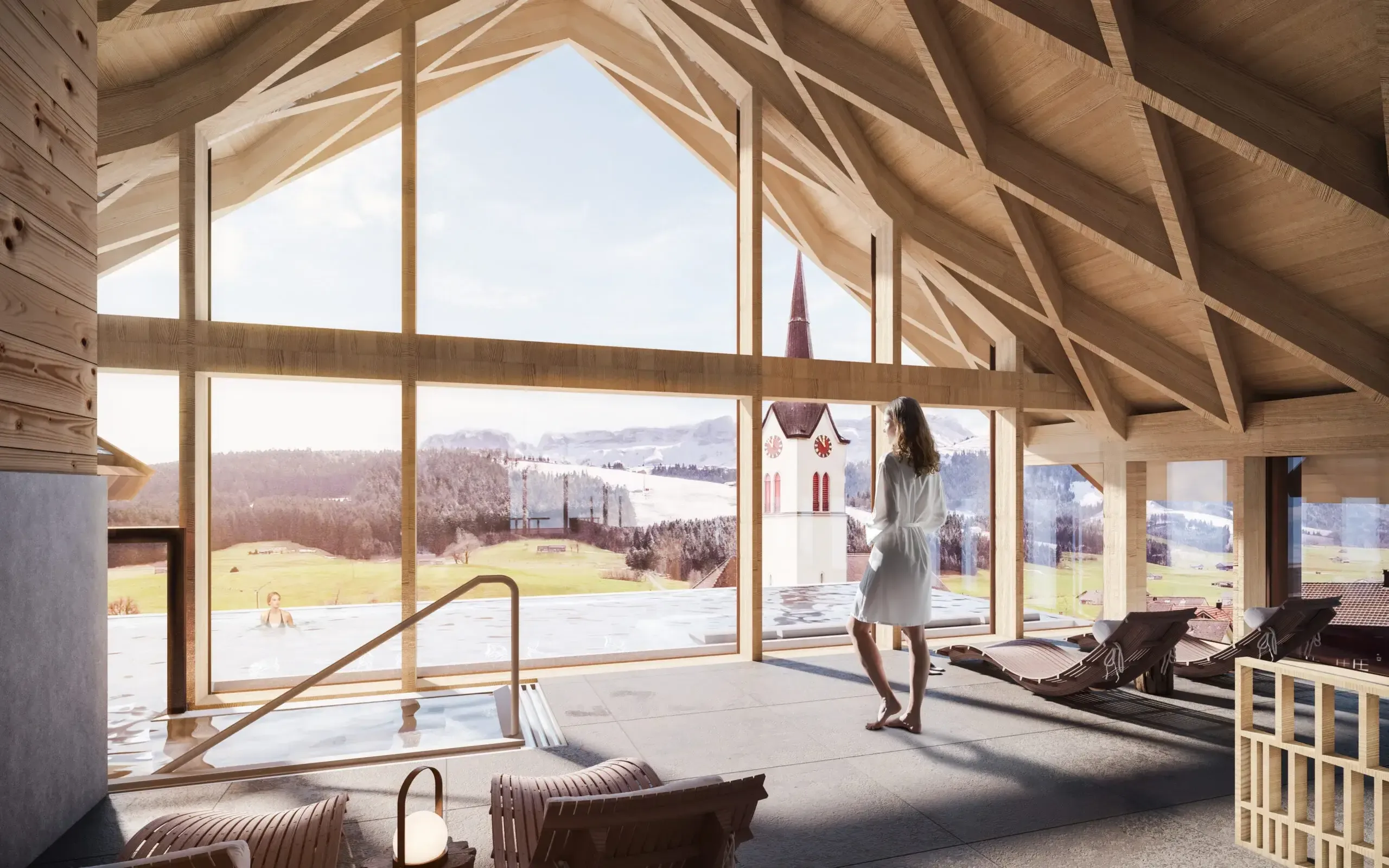 A rendering of a woman standing in a large room with large windows